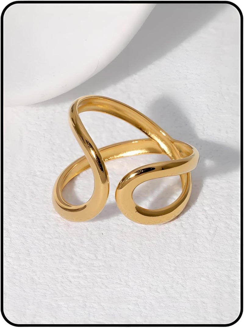 AiTURE Chunky Rings For Women, Gold Silver Thumb Ring Asymmetrical Wavy Curve Ring Adjustable Non Tarnish Dainty Stainless Steel New Year Anniversary Birthday Jewelry Gift - Image 1